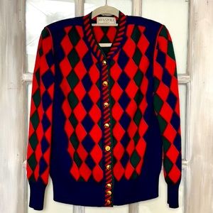 Stizzoli Vintage Argyle Cardigan Sweater – Bold Red, Green & Navy